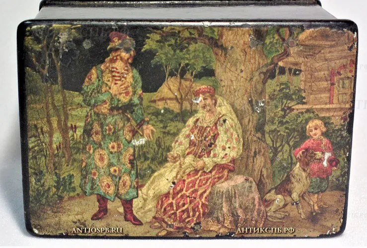 Чайница-шкатулка папье-маше старинная "Сказочные персонажи". Россия. Нач. ХХ века.№20816